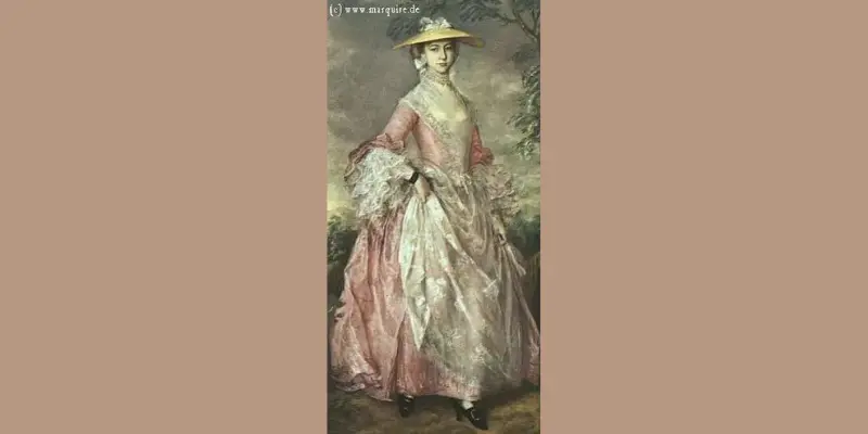 18th-century woman wearing a wide-brimmed bergère hat with ribbon in the 1760s