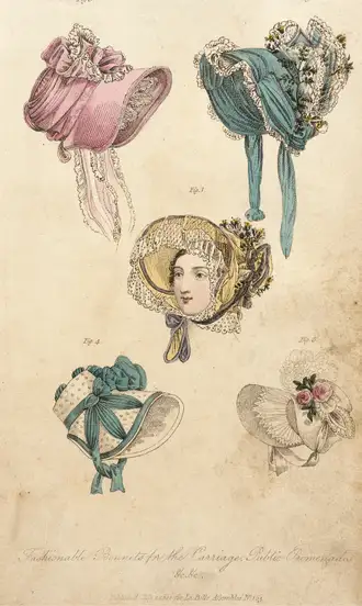 The Complete History of Hats: How Headwear Shaped Fashion and Culture Through the Ages 14 1822 fashion plate showing large decorative bonnets for carriage rides and outdoor promenades