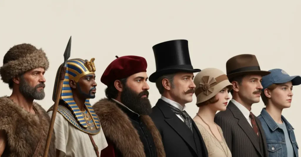 A high-quality illustration of a timeline showing the history of hats. From left to right, it features people from different eras wearing their iconic headwear: an ancient hunter in a fur cap, an Egyptian pharaoh in a golden headdress, a Renaissance scholar in a velvet beret, a Victorian gentleman in a top hat, a 1920s woman in a cloche hat, a 1940s man in a fedora, and a modern young person in a baseball cap.
