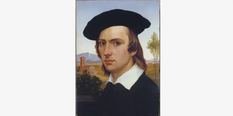 Self-portrait of Johann David Passavant wearing a black beret in front of a Roman landscape, 1818