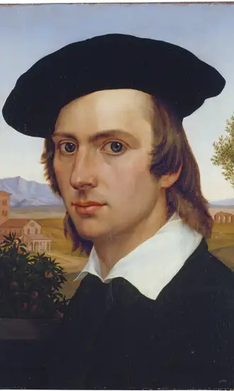 The Complete History of Hats: How Headwear Shaped Fashion and Culture Through the Ages 16 Self-portrait of Johann David Passavant wearing a black beret in front of a Roman landscape, 1818