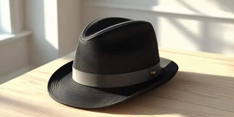 A Black Trilby Hat Placed on a Wooden Table