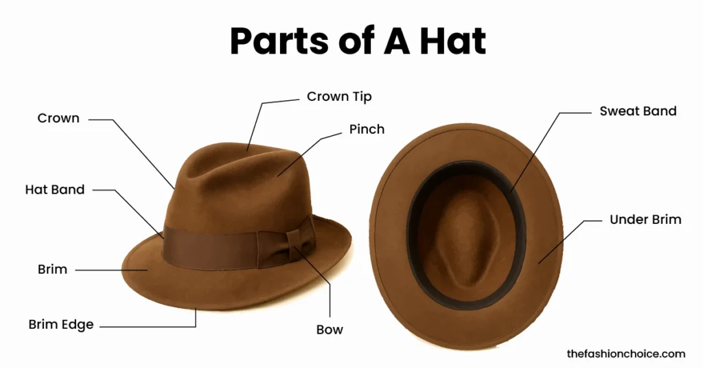 Infographic showing main parts of a hat with labels
