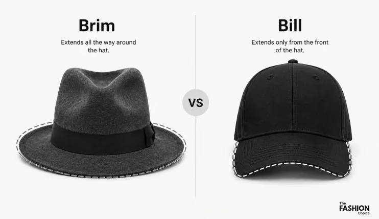 Side-by-side comparison showing the difference between a hat brim and a baseball cap bill.