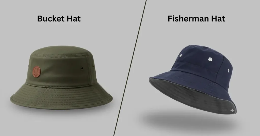 Side-by-side comparison of a bucket hat and a fisherman hat, both in fabrics, on a plain light background.