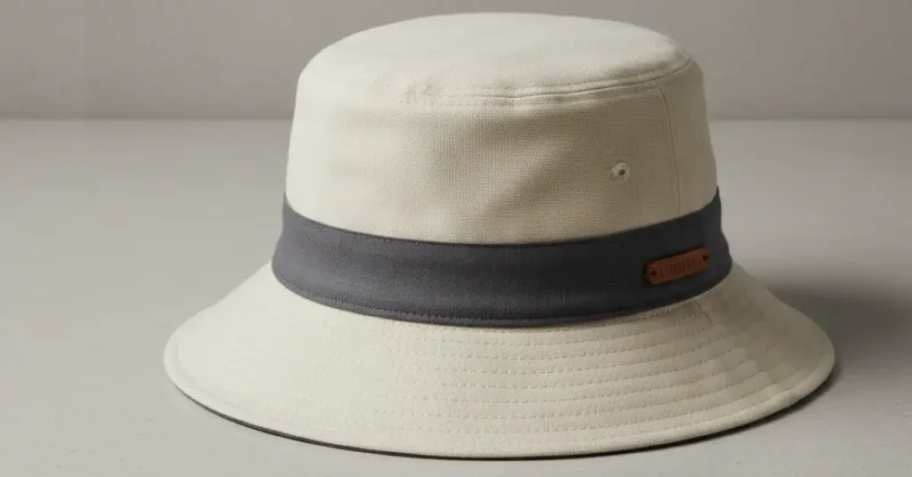 A bucket hat with simple fabric band around the crown, soft rounded crown and gently sloping brim