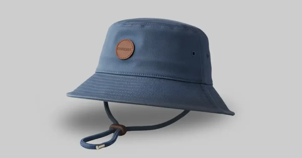 A bucket hat with visible chin strap, soft rounded crown, gently sloping brim, natural texture and stitching