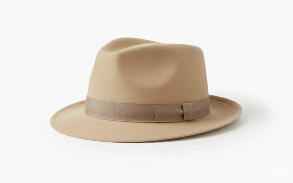 Cotton linen fedora hat in beige color with soft crown, front pinch, and medium brim suitable for casual summer wear.