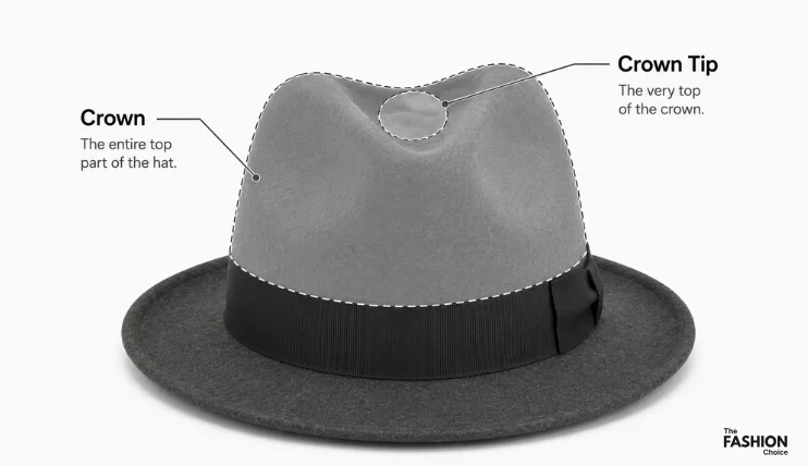 Diagram showing the difference between the crown and the crown tip on a fedora hat.