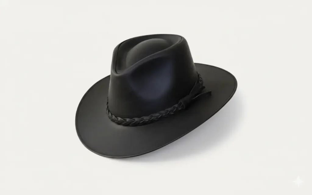 Dark brown leather fedora hat with matte finish, structured crown, front pinch, center dent, and stitched leather hatband.