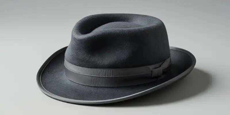 A dark grey pork pie hat placed on a light grey background