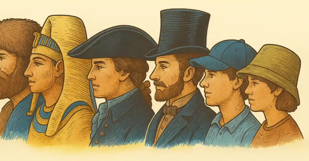 Colorful illustration showing the evolution of hats from ancient times to modern styles, including fur cap, Egyptian headdress, tricorn, top hat, baseball cap, and bucket hat.