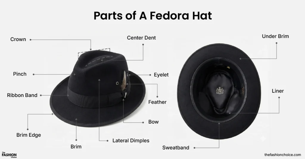 Side-by-side view of a fedora hat showing the main parts of a fedora hat, including outside features like crown, brim, ribbon band, feather, and ventilation holes, along with inside features such as the sweatband and liner, on a light gray background.
