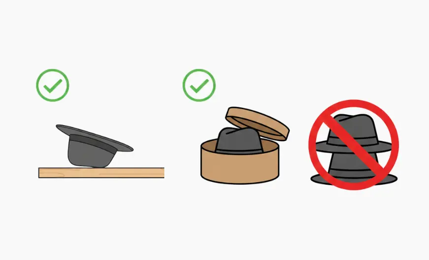 Vector illustration showing a fedora hat stored safely on a shelf or in a hat box, with brim supported and no stacking of hats, instructional style.