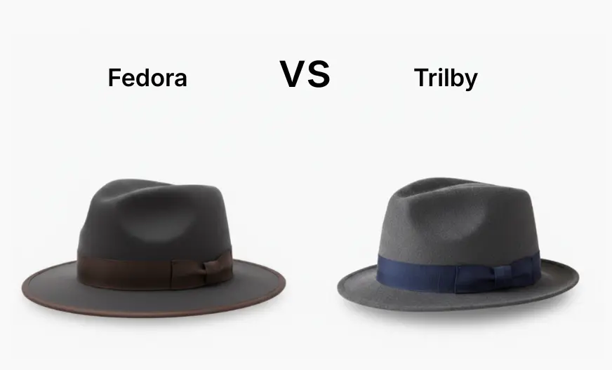 Side-by-side comparison of a Fedora hat with a medium wide brim and tall crown and a Trilby hat with a short, angled brim and lower crown on a light background, showing the differences in style and structure.