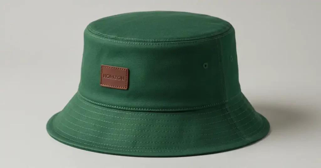 A flat-top bucket hat with straight structured crown and gently sloping brim, realistic texture and stitching