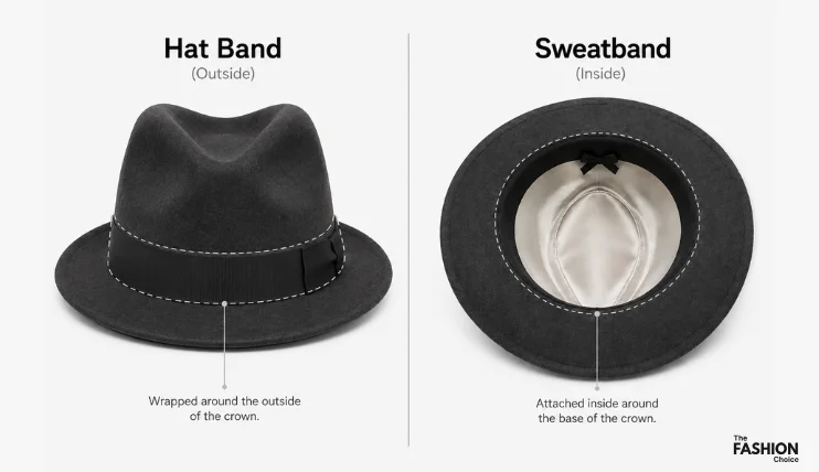 Comparison showing the difference between a hat band on the outside of a hat and a sweatband on the inside.