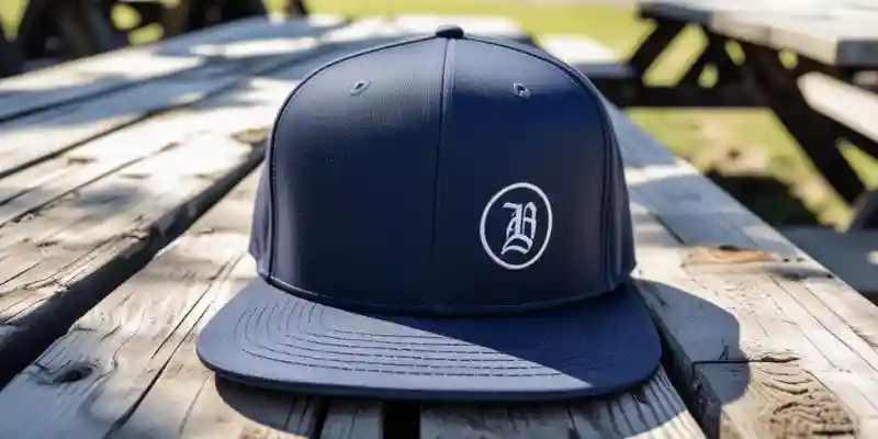 26 Different Types of Hats Explained (With Names, Styles & Pictures) 12 A navy blue snapback hat placed on a wooden surface outdoors