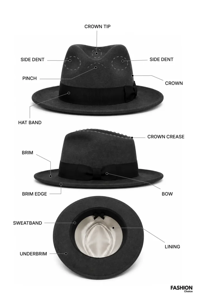 Hat anatomy diagram showing the main parts of a hat, including the crown, brim, hat band, sweatband, lining, underbrim, crown tip, pinch, side dents, and crown crease.