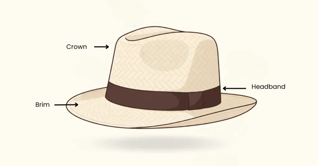 Vector illustration showing main parts of a hat including the crown, brim, and hatband for a style and structure guide.