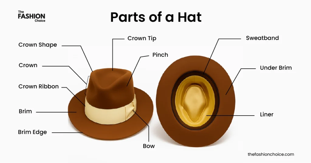 Infographic showing different parts of a hat, including crown, crown ribbon, brim, brim edge, sweatband, liner, bow, and pinch.