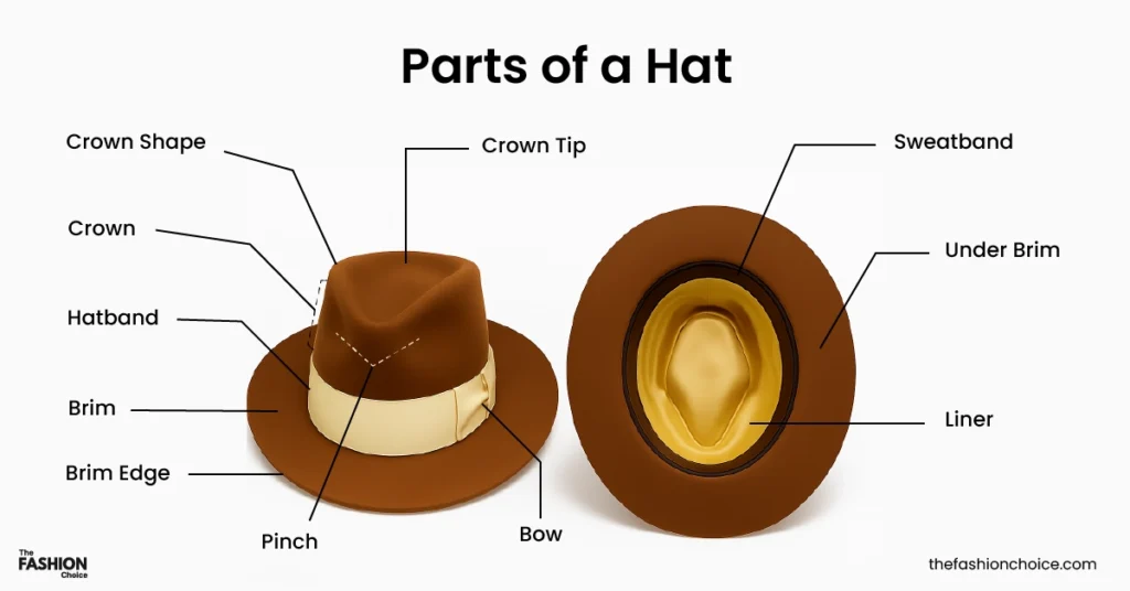 Infographic showing different parts of a hat, including crown, hatband, brim, brim edge, underbrim, sweatband, liner, bow, and pinch.
