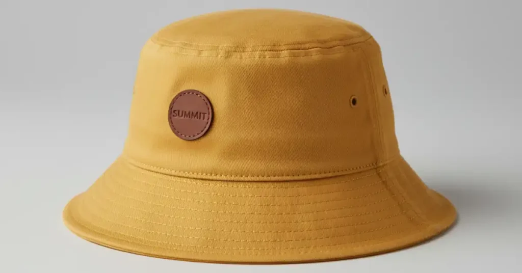 A round-top bucket hat with soft crown and gently sloping brim, high-quality texture and stitching details