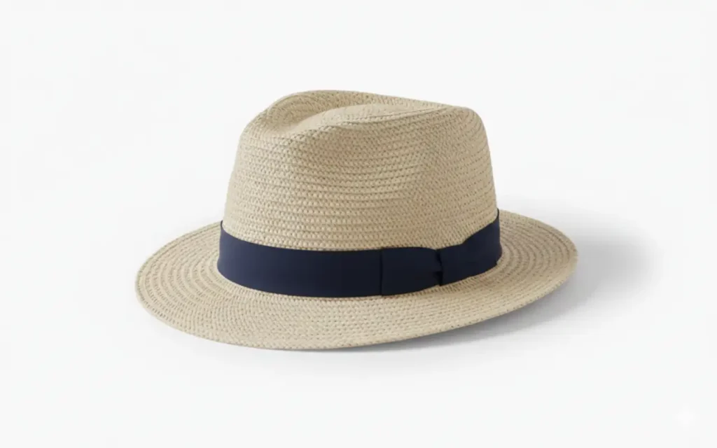 Lightweight straw fedora hat with indented crown, front pinch, and medium brim, ideal for summer wear.