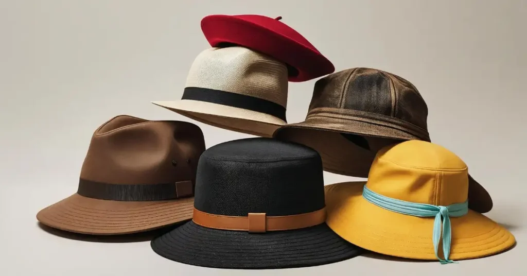 A collection of six different types of hats including a fedora, bucket hat, beret, cowboy hat, sun hat, and cloche hat, displayed on a plain background.