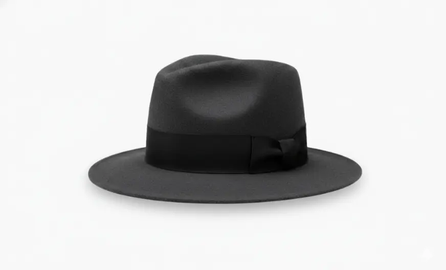 A classic fedora hat displayed on a plain light gray background. The hat features a teardrop crown, a medium brim, and a dark ribbon band. This clear view shows the shape, structure, and style of a fedora hat, perfect for understanding what is a fedora hat.