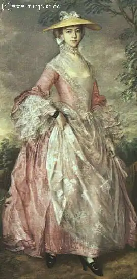 18th-century woman wearing a wide-brimmed bergère hat with ribbon in the 1760s