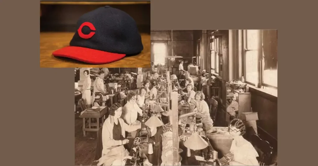 1930s New Era collage showing a Reds-style baseball cap and the company’s early workshop where MLB team hats were first made
