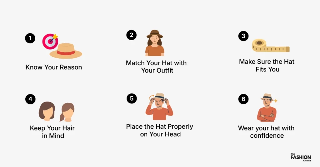 Infographic showing 6 ways to wear a hat the right way, including tips on matching outfits, proper fit, hairstyle, placement, and confidence