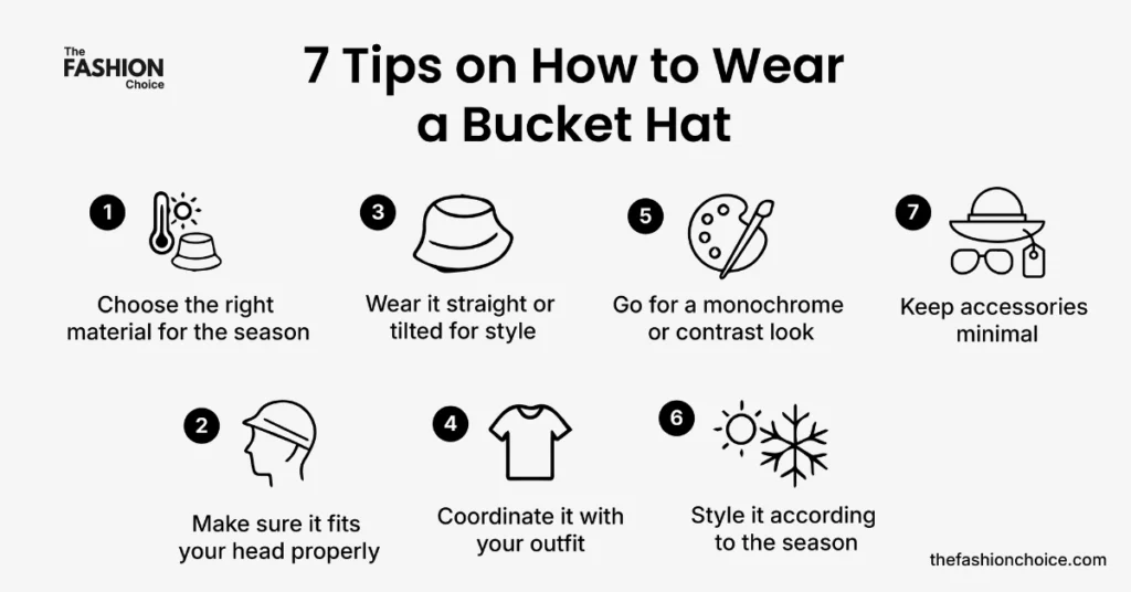 Infographic showing 7 styling tips on how to wear a bucket hat with minimalist icons and soft neutral colors