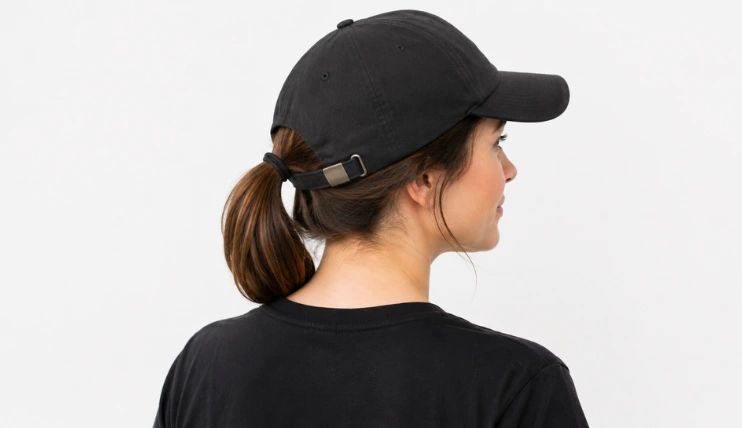 Woman wearing a baseball cap with a low ponytail pulled through the back opening