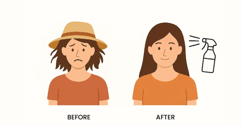 Vector illustration showing a before and after comparison of hat hair prevention, with messy hair under a hat on the left and smooth styled hair on the right