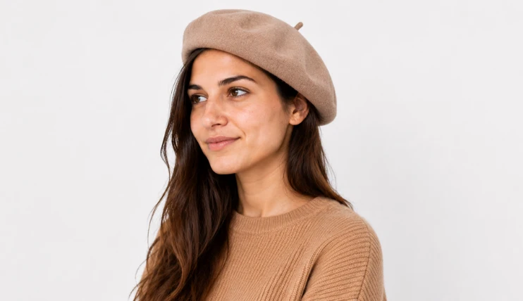 Woman wearing a beige beret with long hair and one side tucked behind the ear