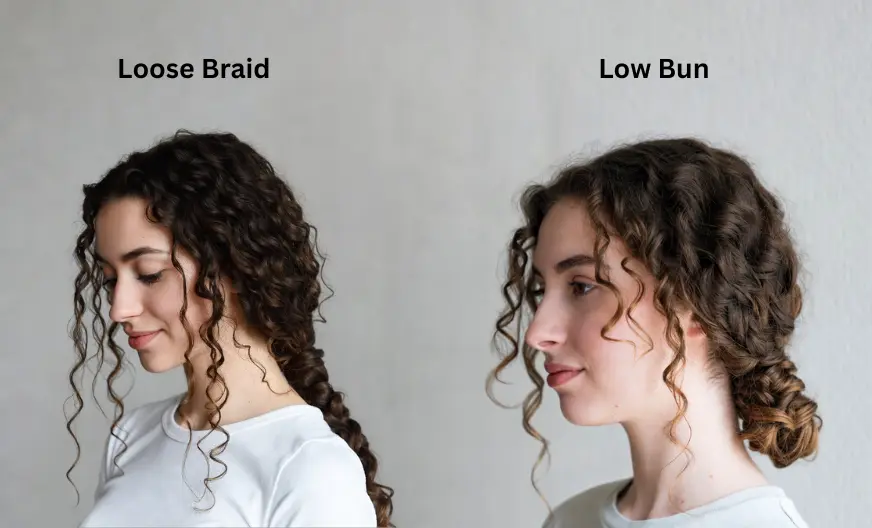 How to Wear a Hat with Long Hair Without Ruining Your Style 6 Side view comparison of a woman with curly hair wearing a loose braid on the left and a low bun on the right.