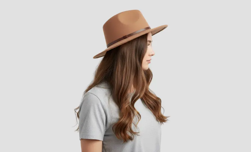 How to Wear a Hat with Long Hair Without Ruining Your Style 19 Side view of a woman with long wavy brown hair wearing a classic tan fedora hat with a leather band, demonstrating a perfect hat fit.