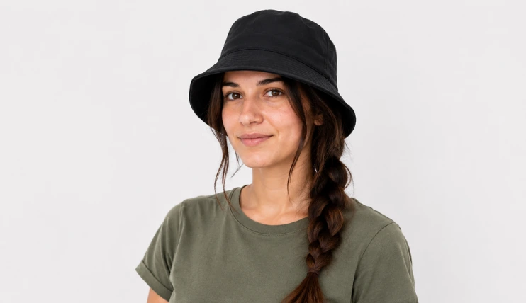 Woman wearing a bucket hat with long hair styled in a loose low braid