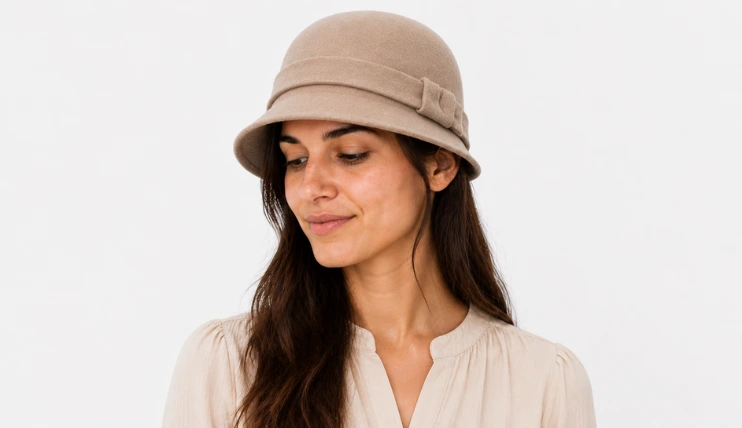 Woman wearing a beige cloche hat with long hair tucked behind the ears