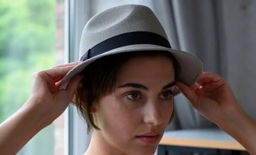 How to Wear a Hat with Short Hair and Look Amazing 5 A woman gently placing a grey fedora hat on her head while ensuring her short hair layers and bangs stay natural and unsquashed.
