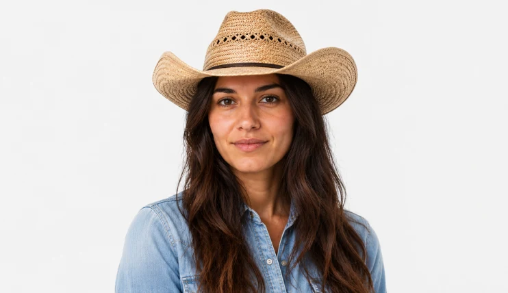 Woman wearing a straw cowboy hat with long hair worn down
