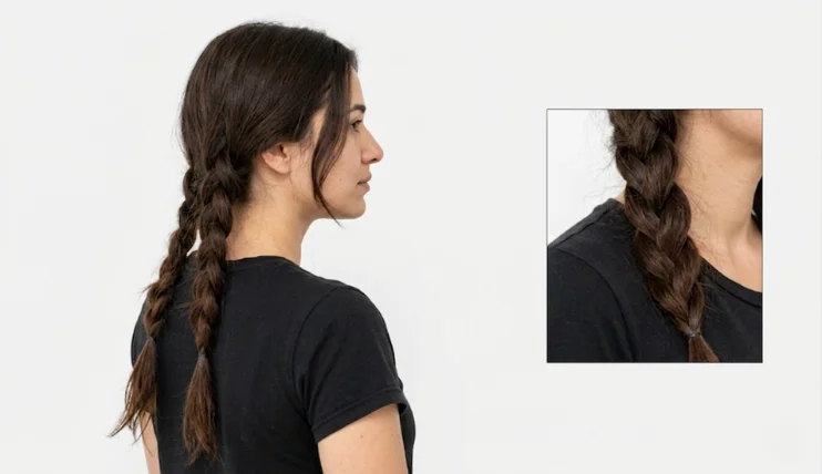 Double braid hairstyle for long hair shown from the side with loose braids positioned low