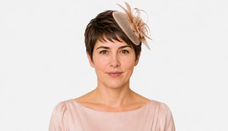 Woman with a pixie cut wearing a beige fascinator clipped above the ear near the hair roots for secure placement