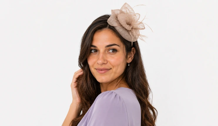 Woman wearing a fascinator above one ear with long hair for secure and visible placement