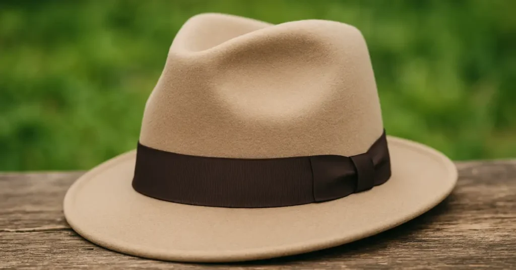 A classic fedora hat placed outdoors on a wooden surface, photographed in natural light