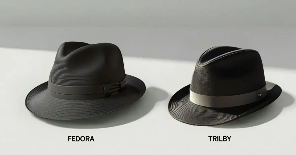 Side-by-side comparison of a Fedora hat and a Trilby hat showing the difference in brim width and crown height.