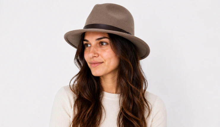 Woman wearing a fedora with long hair styled in loose waves