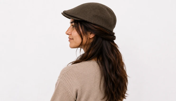 Woman wearing a brown flat cap with a half-up half-down hairstyle shown from a side angle